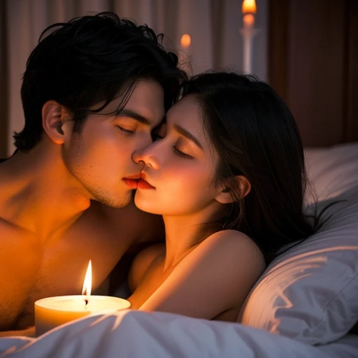 (best quality, height, Portrait), passionate, young man kissing woman, lips touching, Hug tightly, blushing intensely, Close your eyes, bed, night time, Light a candle