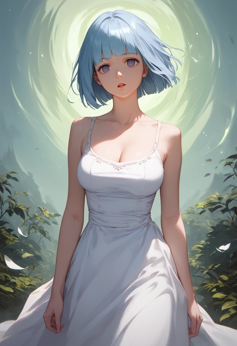 score_9,score_8_up,score_7_up,masterpiece,best quality, source anime, realistic, super detailed, extreme detailed, rating_safe,
1girl, ghostly girl, cowboy shot,
short hair, bob cut, (blunt bangs), (large breasts:0.9),
white dress, simple dress, expressionless, empty eyes, open mouth, simple background,