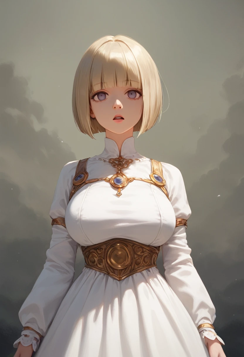 score_9,score_8_up,score_7_up,masterpiece,best quality, source anime, realistic, super detailed, extreme detailed, rating_safe,
1girl, ghostly girl, cowboy shot,
short hair, bob cut, (blunt bangs), (large breasts:0.9),
white dress, simple dress, expressionless, empty eyes, open mouth, simple background,