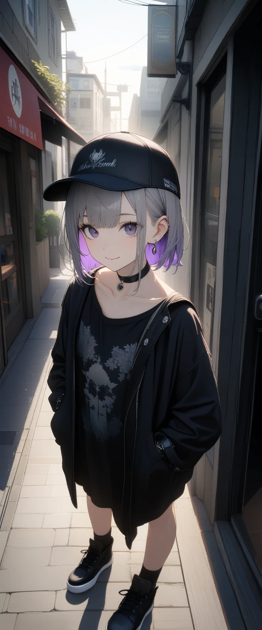 Very cute 15 year old girl, ((She has some silver earrings in her ears.. Stylish black baseball cap. Black choker、Black punk fashion))、(Gray hair color、Dark purple inner color hairstyle、short hair、Hair expressed with a delicate touch), Beautiful Hair, Facial Contour, Remember, In town, splash, Lens flare、sunlight、illumination、Natural Color, High resolution, Very delicate, Very detailed, 8k,（Her breast size is about a B cup）、Shyness,((Sexual)),((Naughty feelings)),smile、Full body angle(From head to shoes)