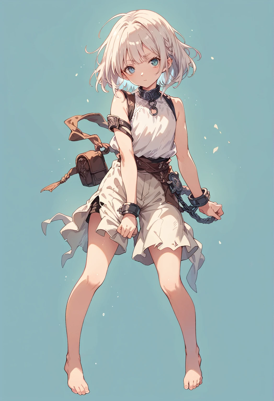 full body, femboy, A young slave, medium hair, Sleeveless, Tattered clothes, pants, barefoot, first round, fantasy,(simple background:1.3)