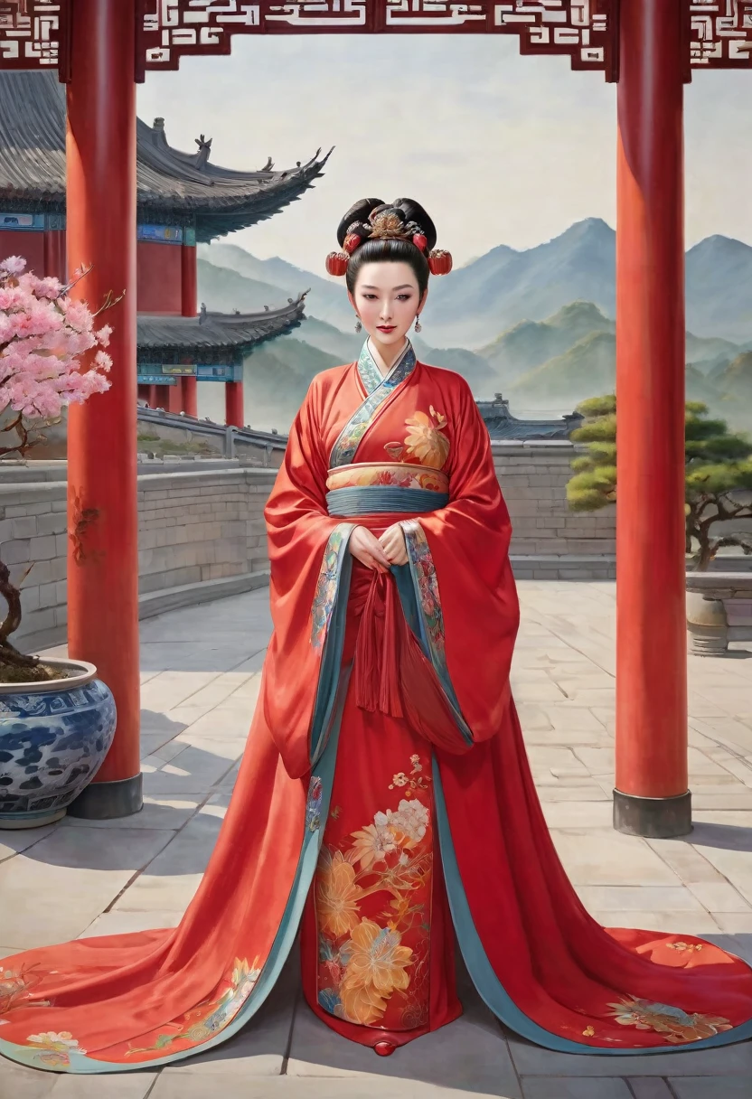 The Empress is standing naked, wearing a red Hanfu draped over her shoulders and no underwear, revealing her large breasts, hairy lower abdomen, and pubic hair.、
Her hair is tied up and pulled up with a gorgeous flower ornament on both sides.、The background of the crowning of the Qing Dynasty empress is the stone paving outside the palace of the Qing Dynasty China.