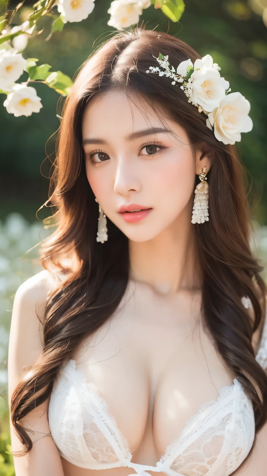 beautiful girl, slender face, Beautiful sharp eyes., My hair is very long., model face, Beautiful makeup, 18 years old, Wear white lace lingerie., big breasts, very big breasts, white skin, In a field of white flowers, Very high detail, 8k, mannequin,Focus on a sexy body, face focus, stand on flower, ((Portrait)), ((Seductive sexy gestures)), (((glamorous))), (wearing flower earrings)