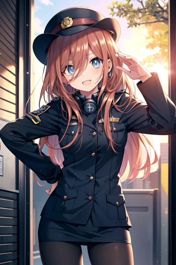 Miku Nakano, miku nakano, Long Hair, bangs, blue eyes, Brown Hair, shirt, Hair between the eyes, , Headphones around neck,Police hat,smile,blush,Open your mouth,Sexy police uniform,Black Pencil Skirt,Black pantyhose,Stiletto heels,The girl salutes with her left hand,Place your right hand on your hip.,look up,sunrise,morning,sun,
break outdoors, city,Building district,
break looking at viewer, (Cowboy Shot:1.5), (Upper Body:1.5),
break (masterpiece:1.2), Highest quality, High resolution, unity 8k wallpaper, (shape:0.8), (Fine and beautiful eyes:1.6), Highly detailed face, Perfect lighting, Highly detailed CG, (Perfect hands, Perfect Anatomy),