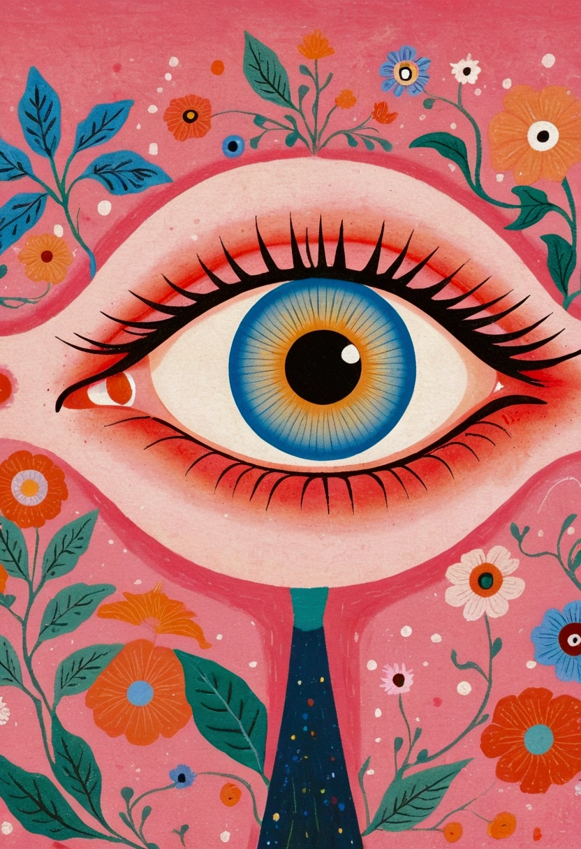 A pink flower，There is a blue eye on it, big 粉红色s eyes, big eyes, The Third Eye, The Third Eye睛, All-Seeing Eye, 粉红色s eyes, eyeball, Watching you, Judy Chicago, mystical The Third Eye睛, Inspired by Victor Brauner, The Third Eye的视觉, s eyes, All-Seeing Eye, ( All-Seeing Eye ), an eye