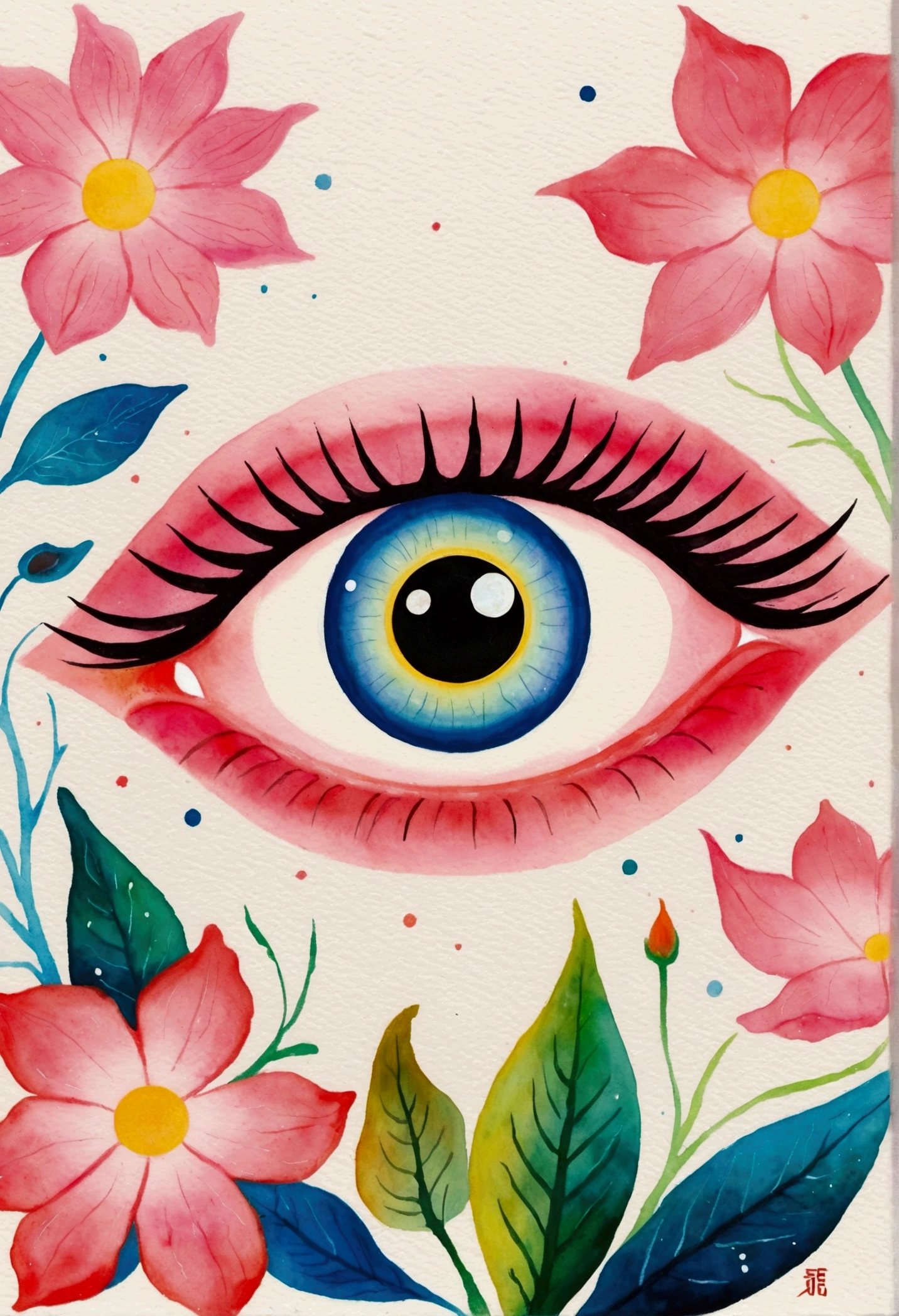 A pink flower，There is a blue eye on it, Watercolor inspired by Victor Brauner, Winner of the Behance competition, Pop surrealism, big 粉红色s eyes, big eyes, The Third Eye, The Third Eye睛, All-Seeing Eye, 粉红色s eyes, eyeball, Watching you, Judy Chicago, mystical The Third Eye睛, The Third Eye的视觉, s eyes