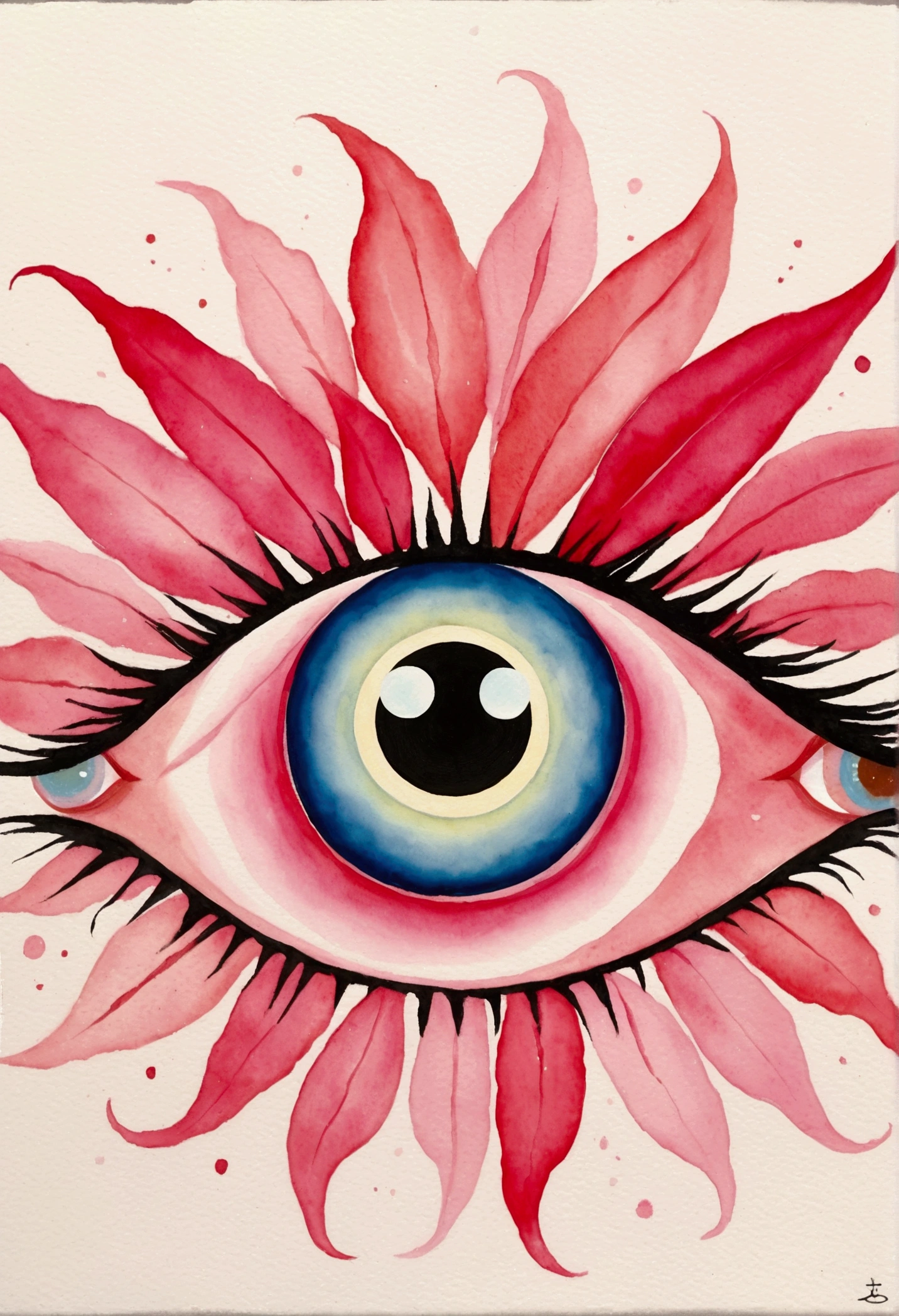 A pink flower,There is a blue eye on it, Watercolor inspired by Victor Brauner, Winner of the Behance competition, Pop surrealism, big 粉红色s eyes, big eyes, The Third Eye, The Third Eye睛, All-Seeing Eye, 粉红色s eyes, eyeball, Watching you, Judy Chicago, mystical The Third Eye睛, The Third Eye的视觉, s eyes