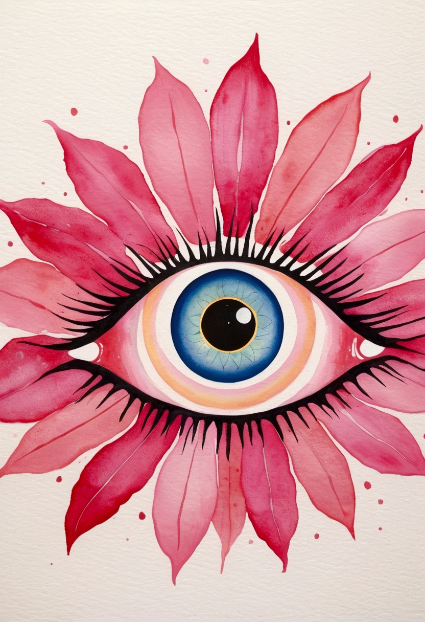 A pink flower,There is a blue eye on it, Watercolor inspired by Victor Brauner, Winner of the Behance competition, Pop surrealism, big 粉红色s eyes, big eyes, The Third Eye, The Third Eye睛, All-Seeing Eye, 粉红色s eyes, eyeball, Watching you, Judy Chicago, mystical The Third Eye睛, The Third Eye的视觉, s eyes
