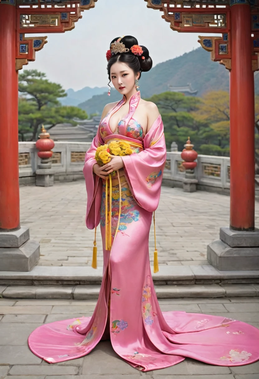 The Empress is standing naked, without underwear, showing her large breasts, hairy lower abdomen, and pubic hair.、
Her hair is tied up and pulled up with a gorgeous flower ornament on both sides.、The background of the crowning of the Qing Dynasty empress is the stone paving outside the palace of the Qing Dynasty China.