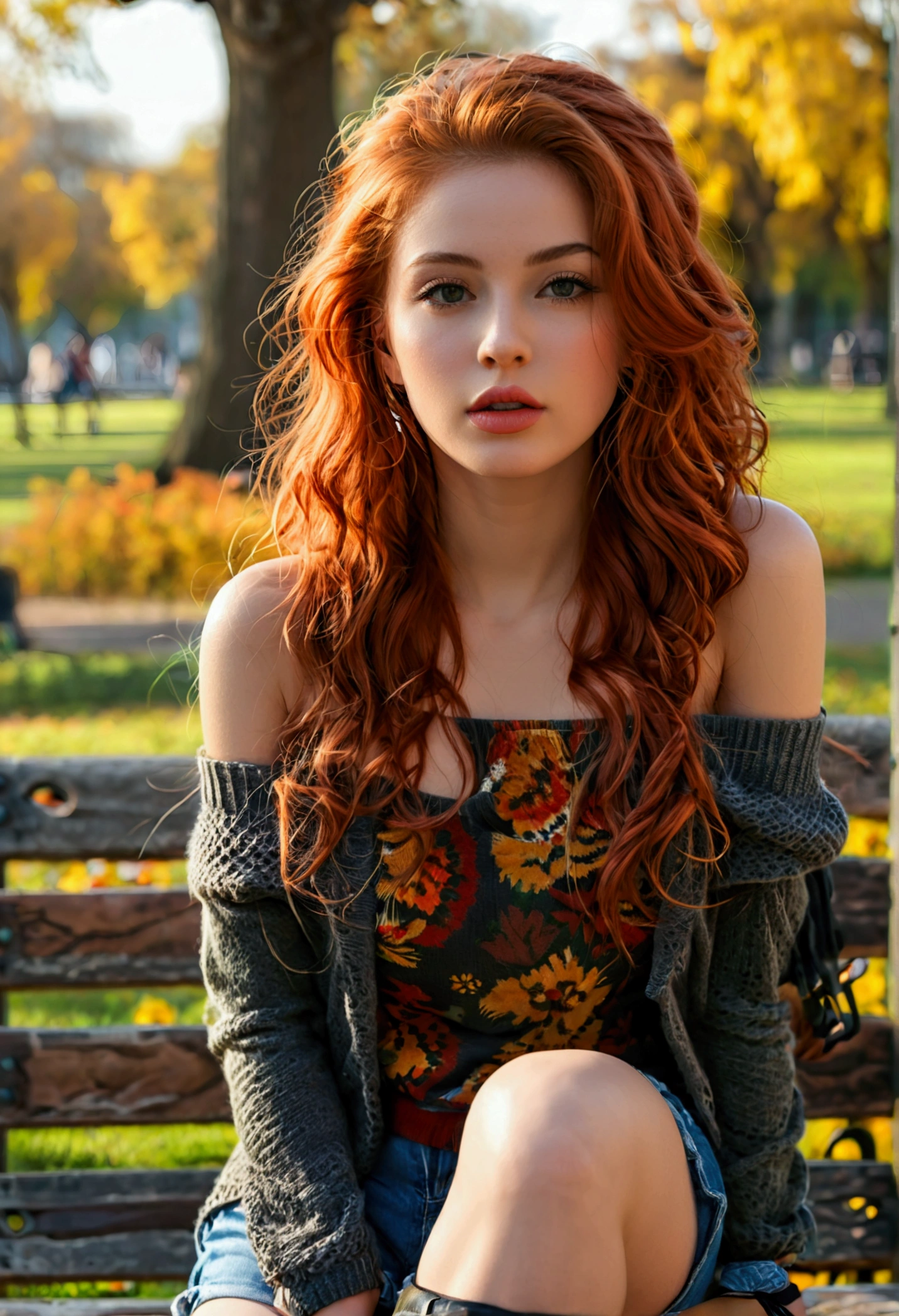 (full body shot:1.1) photorealistic image of a (standing pose:1.1) woman, ultra realistic, photography, long red hair, girl, 24 years old, hourglass figure, perfect body, Flirty look, natural medium breasts, blur background, glossy lips, ((shorts, off-shoulder sweater)), sitting crossed legs on bench, in park, she wears black boots