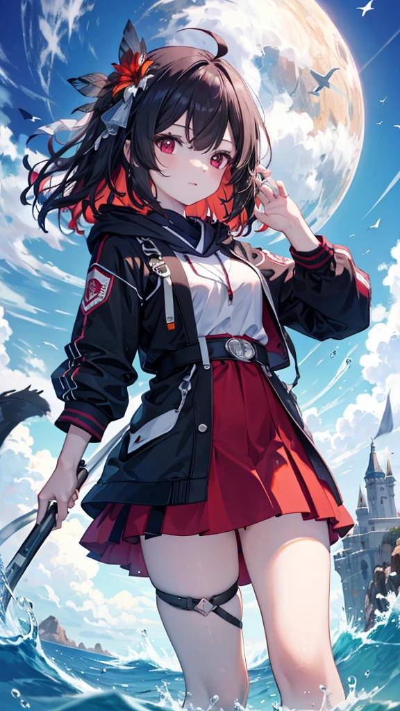 girl,Clarity,high-definition,High Detail,Rich in details,transparent,纹理Clarity,beauty,grace,nature,Red eyes,long hair,Hoodie,Hair Bunch,Long hair