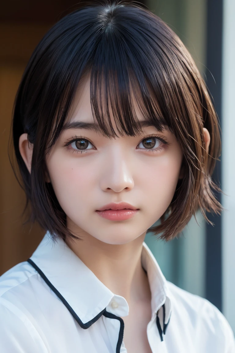 ((Highest quality、8k、masterpiece:1.3))、Beautiful woman、One Girl、(Cute baby turtle)、Slim Abs:1.1、White Button Down Blouse、((short hair))、Detailed facial features、Highly detailed lips、Detailed eyes、double eyelid、(Neat bangs.1.3)、Dark brown hair、Large Eyes、Seductive lips、The corners of the mouth turn up、black eye、street、cute asian face, Beautiful Japanese girl face, Short fine hair,With bangs,, Shirahime cut hairstyle、Narrow eyes、(A grown-up 30-year-old)、