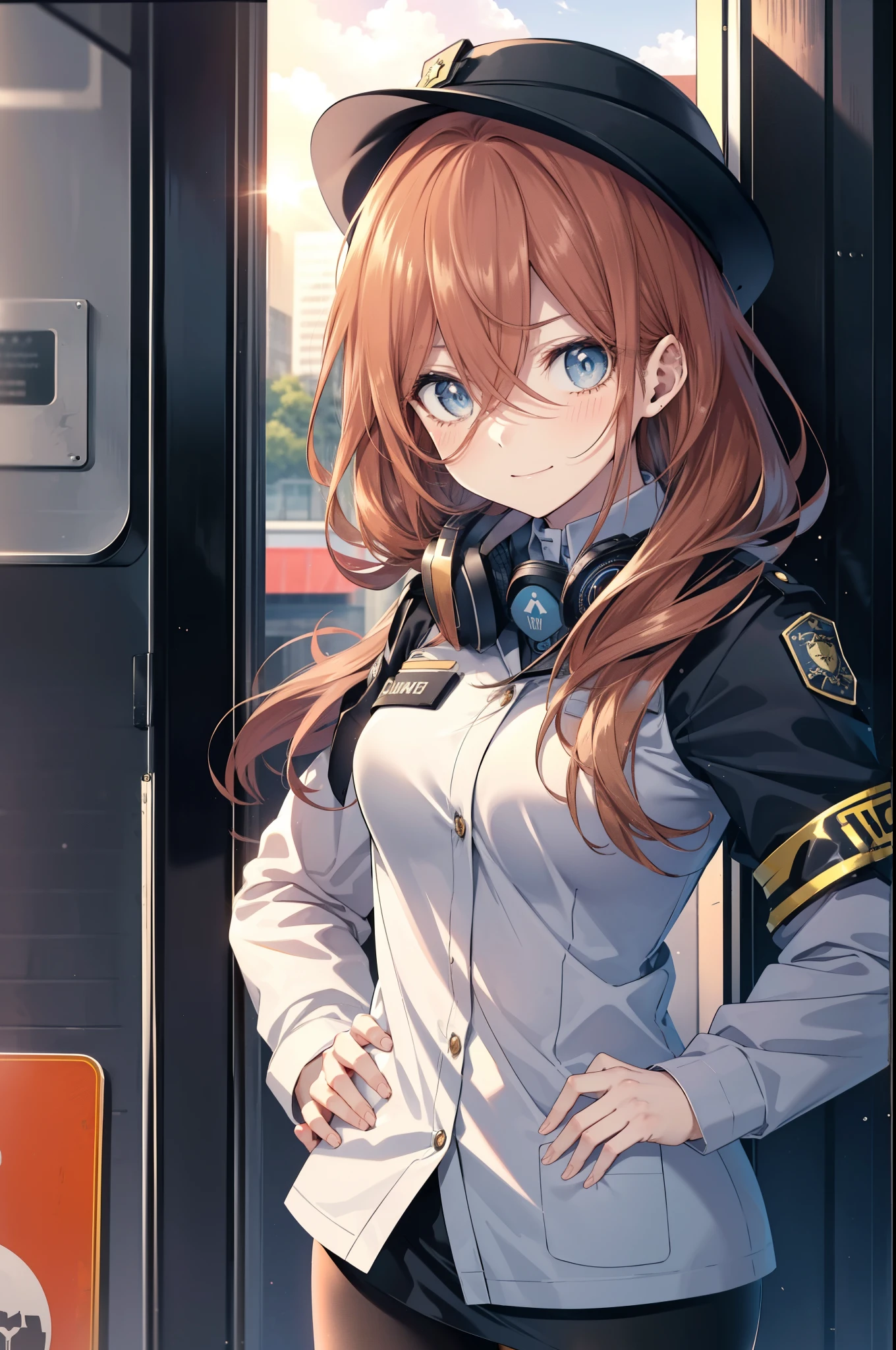 Miku Nakano, miku nakano, Long Hair, bangs, blue eyes, Brown Hair, shirt, Hair between the eyes, , Headphones around neck,Police hat,smile,blush,Open your mouth,Sexy police uniform,Black Pencil Skirt,Black pantyhose,Stiletto heels,The girl salutes with her left hand,Place your right hand on your hip.,look up,sunrise,morning,sun,
break outdoors, city,Building district,
break looking at viewer, (Cowboy Shot:1.5), (Upper Body:1.5),
break (masterpiece:1.2), Highest quality, High resolution, unity 8k wallpaper, (shape:0.8), (Fine and beautiful eyes:1.6), Highly detailed face, Perfect lighting, Highly detailed CG, (Perfect hands, Perfect Anatomy),