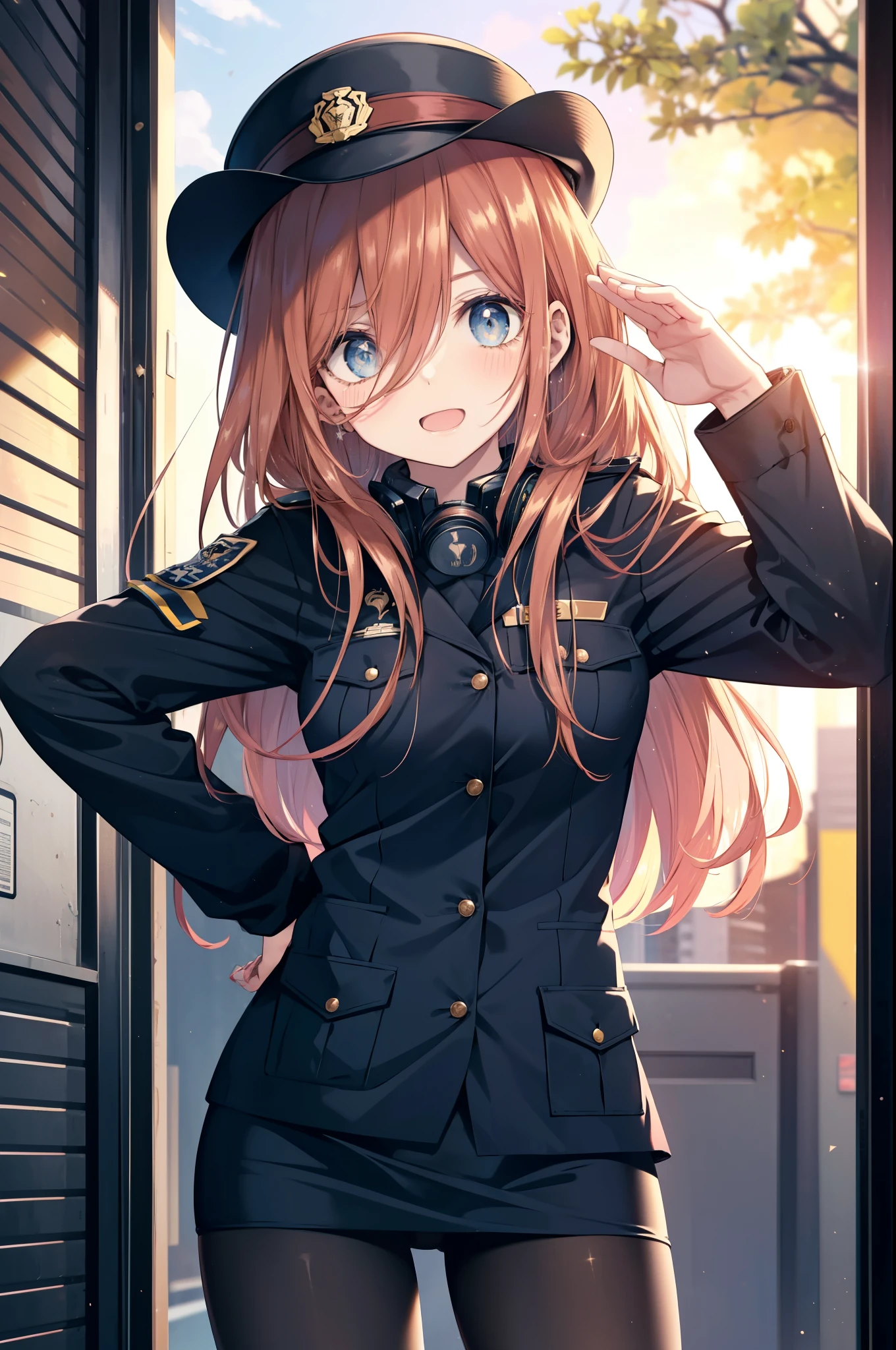 Miku Nakano, miku nakano, Long Hair, bangs, blue eyes, Brown Hair, shirt, Hair between the eyes, , Headphones around neck,Police hat,smile,blush,Open your mouth,Sexy police uniform,Black Pencil Skirt,Black pantyhose,Stiletto heels,The girl salutes with her left hand,Place your right hand on your hip.,look up,sunrise,morning,sun,
break outdoors, city,Building district,
break looking at viewer, (Cowboy Shot:1.5), (Upper Body:1.5),
break (masterpiece:1.2), Highest quality, High resolution, unity 8k wallpaper, (shape:0.8), (Fine and beautiful eyes:1.6), Highly detailed face, Perfect lighting, Highly detailed CG, (Perfect hands, Perfect Anatomy),