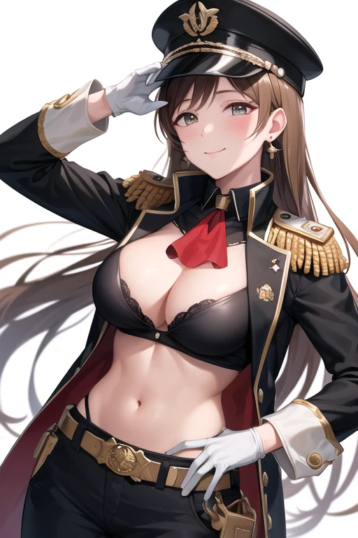 masterpiece, best quality, highres, aanitta, (very long hair), (black peaked cap), earrings, big breasts, cleavage, muscular body, (black military uniform), epaulettes, badges, (black shirt:1.2), (gold trim), (long coat), (red ascot), black sleeves, long sleeves, (black cargo pants), utility belt, (belt pouches), cargo pants, (white gloves), cowboy shot, standing, smile, closed mouth, facing the viewer, looking at the viewer, (simple white background)