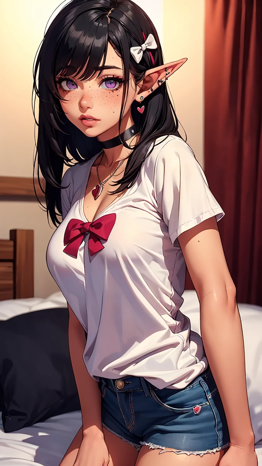 Unbuttoned school uniform, bra, ((panties)), sitting on bed, busty, (blushing face:1.5), (sweaty:1.2), cowboy shot