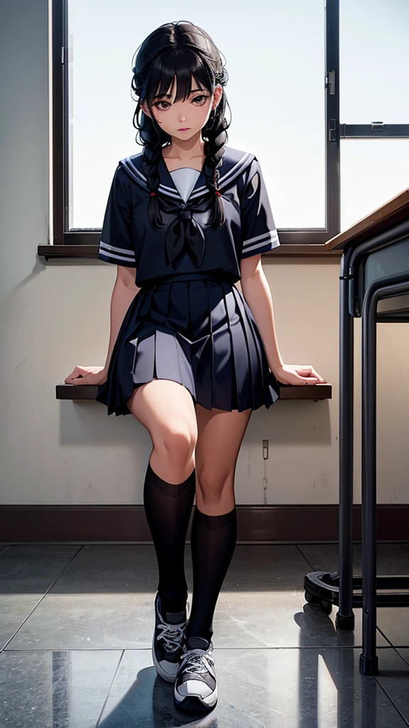 
Beautiful attention to detail, Beautiful lip detail, Very detailed目と顔, Long eyelashes, 1 girl, Face close-up, inside the School, In the classroom, 18-year-old, Sweat, Dark skin, (Black hair French braid),dissatisfaction, Sulky, Sailor suit, Dark Blue, White shirt, Short sleeve, School, Dark Blue Skirt, Black Skirt, Knee-high socks, sneakers, School bag, Highest quality, 4K, 8k, High resolution, masterpiece:1.2, Very detailed, Realistic, photoRealistic, photo-Realistic:1.37, High resolution, 超High resolution, Studio Lighting, Ultra-fine painting, Sharp focus, Physically Based Rendering, Very detailed説明, Professional, Vibrant colors, Bokeh, Portraiture