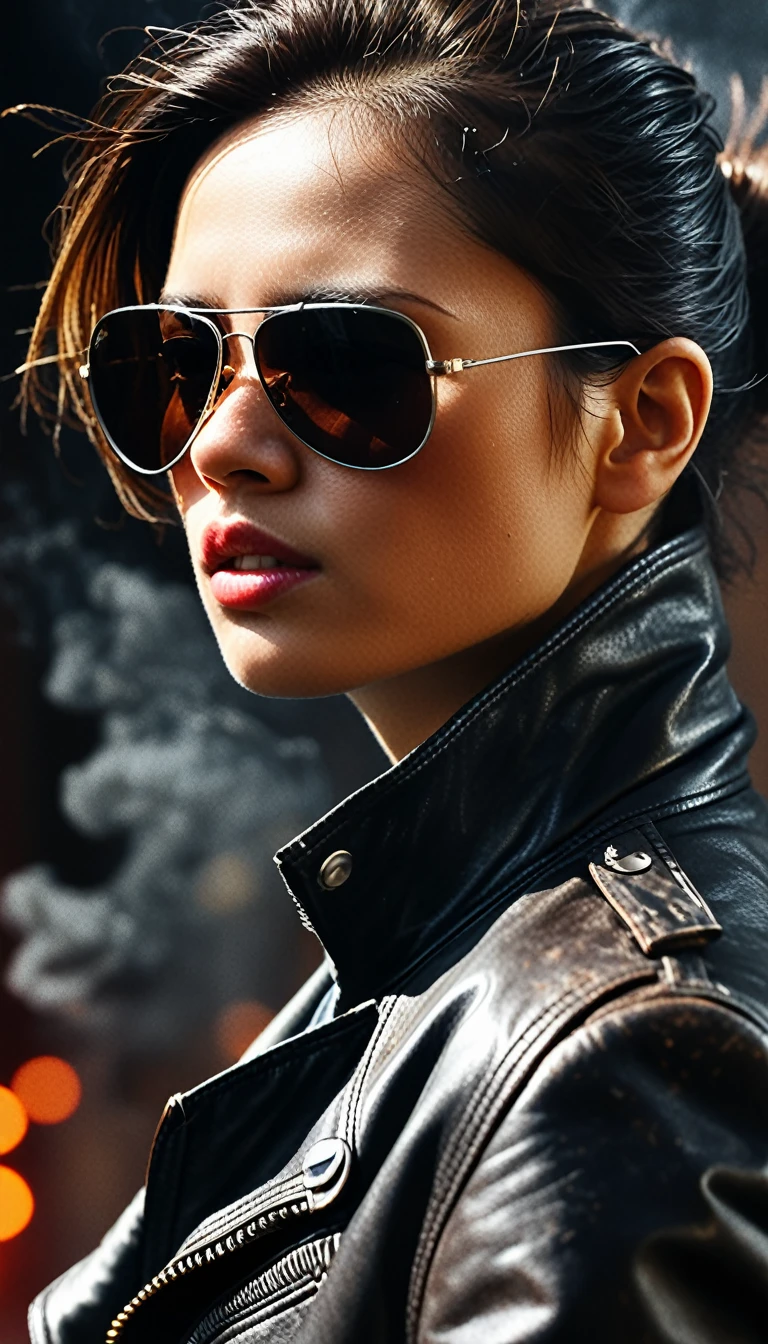 The image features a close-up profile photo from high angle above of a woman wearing sunglasses and a leather jacket. The woman is looking down at something. The sunglasses are dark and the woman's face is partially obscured by them. The background of the image is dark and smoky, which adds to the overall mood of the scene. The woman's attire, including the leather jacket, suggests that he might be in a professional or high-stakes environment. 1girl, female focus, solo, sunglasses, jacket, leather jacket