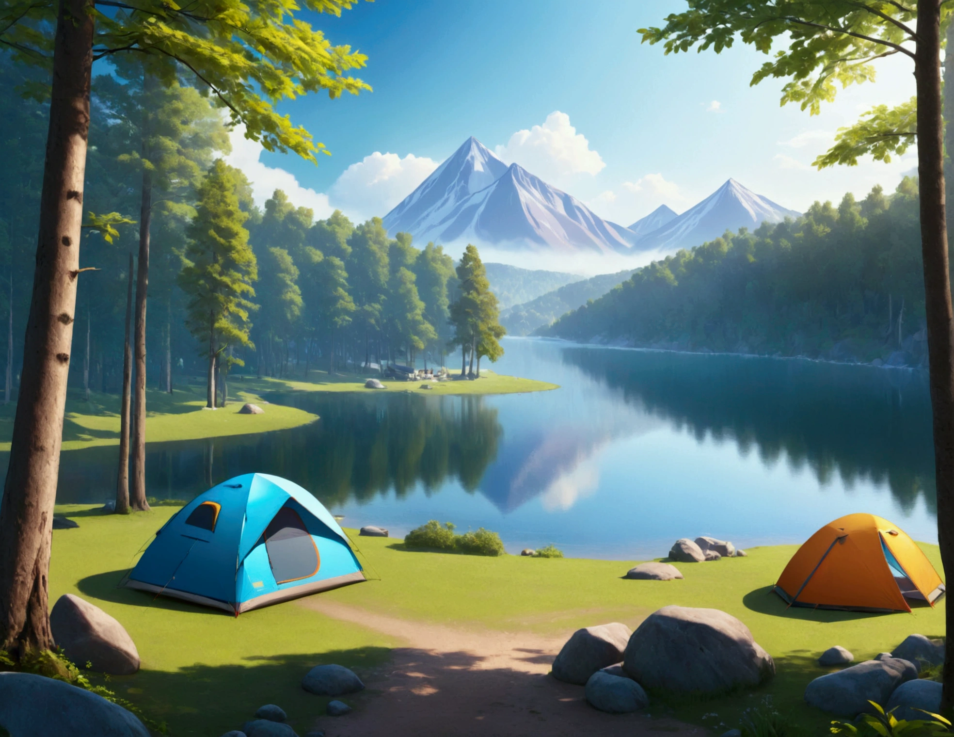 lake,camp site,The view is great.,tent,Camping Goods,Highest quality, 8k, High resolution, masterpiece:1.2, Very detailed, Realistic:1.37, High resolution, 超High resolution, Very detailed, Professional, Vibrant colors