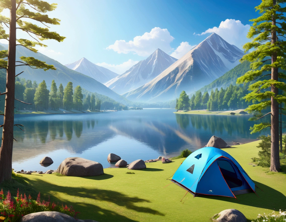 lake,camp site,The view is great.,tent,Camping Goods,Highest quality, 8k, High resolution, masterpiece:1.2, Very detailed, Realistic:1.37, High resolution, 超High resolution, Very detailed, Professional, Vibrant colors