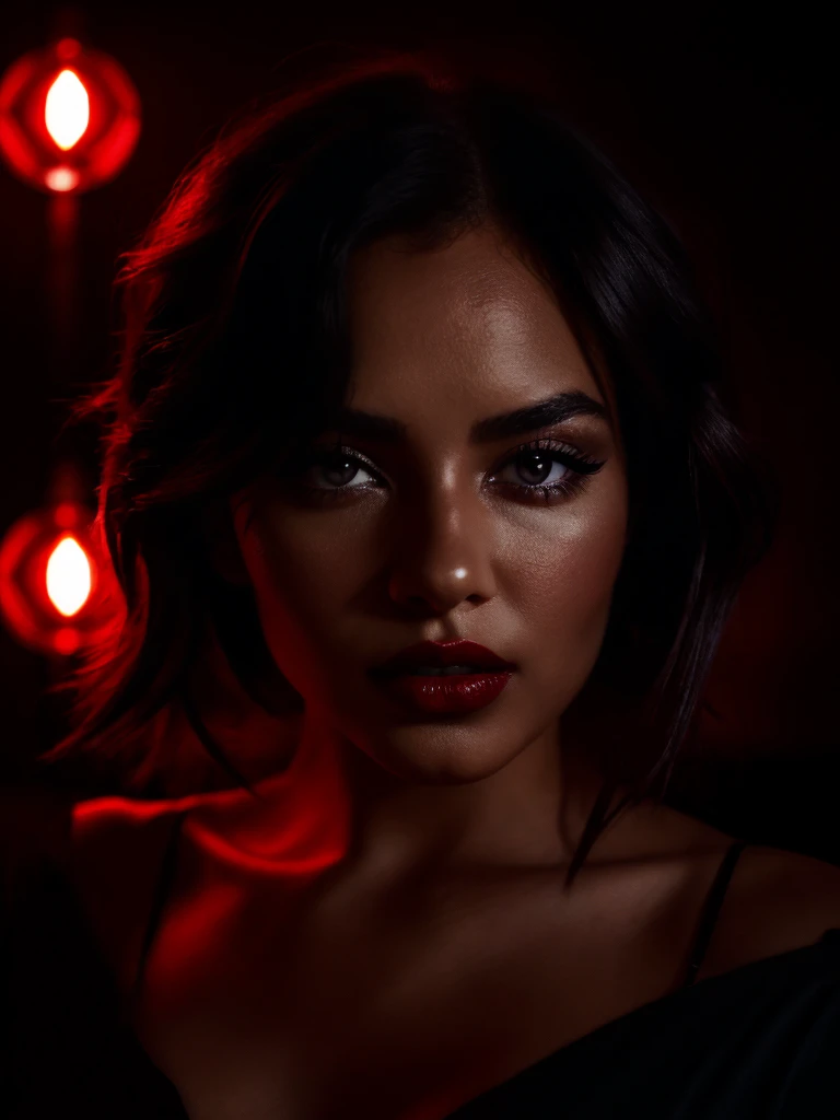 Female,(Name: Nichole Rizzman),seductive red lips, a mysterious expression, a dark dramatic background, a sensual and glamorous vibe, with soft lighting highlighting the details of her face.