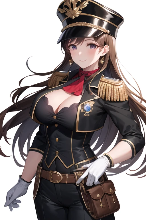 masterpiece, best quality, highres, aanitta, (very long hair), (black shako cap), earrings, big breasts, cleavage, muscular body, military uniform, epaulettes, badges, (black shirt:1.2), (gold trim), (bulletproof vest), (red ascot), black sleeves, long sleeves, (black cargo pants), utility belt, (belt pouches), cargo pants, (white gloves), cowboy shot, standing, smile, closed mouth, facing the viewer, looking at the viewer, (simple white background)