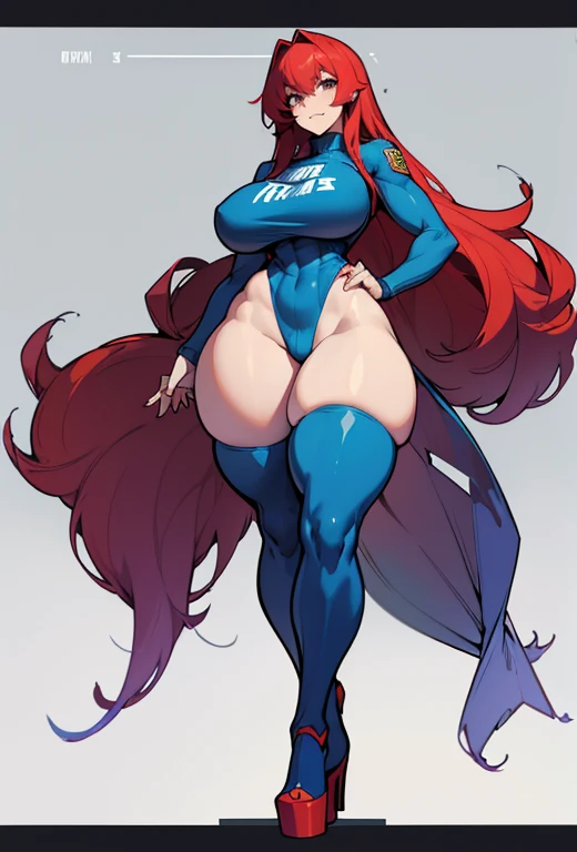 Young girl, Pullover, blue high cut leotard, whole body to see, angry smile , scream, long hair, straight hair , (( very wide hips)), (((colossal Thighs, gigantic thighs, very huge thighs, very big thighs))), fullbody, platform heels, pale skin, very Big breast, gun, cyberpunk, soldier girl , Redhead,