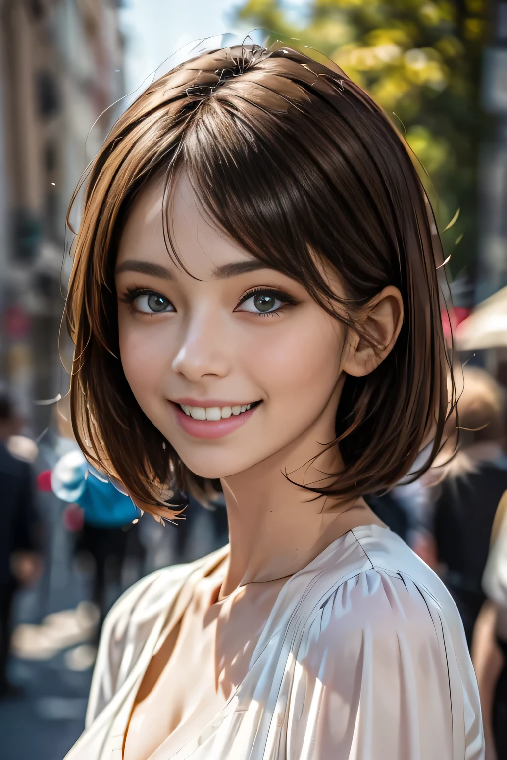 (logo, masterpiece, 8k, Tabletop, RAW Photos, wonderful, 最high quality, Photorealistic and very detailed CG synthesis 8k wallpaper, high quality, Very detailed, Narrative poem, Particle Effects, Dynamic Effects, Depth of the Boundary, Cinematic Light, Lens flare, Ray Tracing), short hair beautiful woman, (Grin), Skin with attention to detail, Very fine, Fine skin, Beautiful Face, Realistic eyes, Beautiful and exquisite, Realistic Skin, Beautiful Skin, surreal, Smiling Eyes, Hair and light eyes, Vibrant, Colorful lights and bokeh. The lighting casts a warm glow on her face and hair.... Creates a dreamy and magical atmosphere, Big Breasts, Brown Hair, short hair, plump lower lip, Pink blush on cheeks , Pink Lips, Brown tight no-shoulder knit sweater