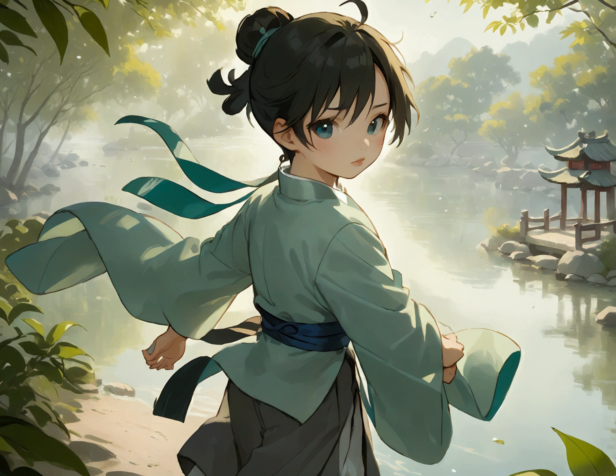 A young Chinese male named John,round face,Fair complexion,Black eyes,hairstyle: long hair(comb your hair into a bun)Wear light gray traditional Chinese clothing,sash: blue cloth belt,shoe:Black cloth shoes,Standing by the lake soaked to the skin,Holding a jade pendant in hand