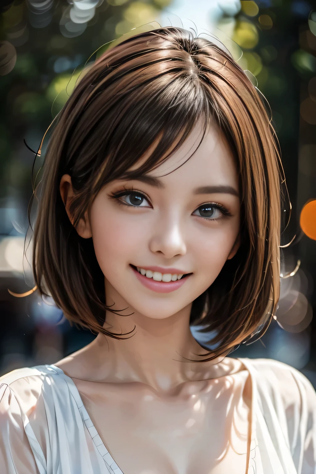 (logo, masterpiece, 8k, Tabletop, RAW Photos, wonderful, 最high quality, Photorealistic and very detailed CG synthesis 8k wallpaper, high quality, Very detailed, Narrative poem, Particle Effects, Dynamic Effects, Depth of the Boundary, Cinematic Light, Lens flare, Ray Tracing), short hair beautiful woman, (Grin), Skin with attention to detail, Very fine, Fine skin, Beautiful Face, Realistic eyes, Beautiful and exquisite, Realistic Skin, Beautiful Skin, surreal, Smiling Eyes, Hair and light eyes, Vibrant, Colorful lights and bokeh. The lighting casts a warm glow on her face and hair.... Creates a dreamy and magical atmosphere, Big Breasts, Brown Hair, short hair, plump lower lip, Pink blush on cheeks , Pink Lips, Brown tight no-shoulder knit sweater