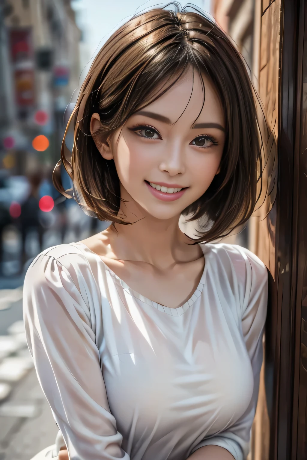 (logo, masterpiece, 8k, Tabletop, RAW Photos, wonderful, 最high quality, Photorealistic and very detailed CG synthesis 8k wallpaper, high quality, Very detailed, Narrative poem, Particle Effects, Dynamic Effects, Depth of the Boundary, Cinematic Light, Lens flare, Ray Tracing), short hair beautiful woman, (Grin), Skin with attention to detail, Very fine, Fine skin, Beautiful Face, Realistic eyes, Beautiful and exquisite, Realistic Skin, Beautiful Skin, surreal, Smiling Eyes, Hair and light eyes, Vibrant, Colorful lights and bokeh. The lighting casts a warm glow on her face and hair.... Creates a dreamy and magical atmosphere, Big Breasts, Brown Hair, short hair, plump lower lip, Pink blush on cheeks , Pink Lips, Brown tight no-shoulder knit sweater