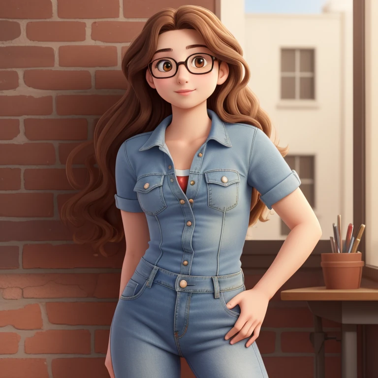 A young woman of 19 years old beautiful with long brown hair, and hazel eyes, short and skinny, glasses, flat chested, wearing denim.