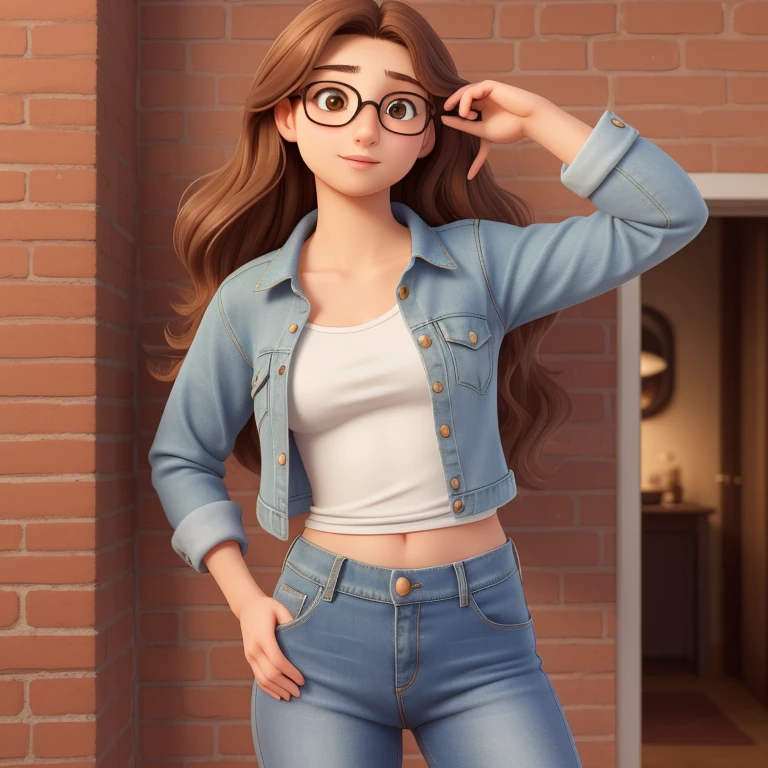 A young woman of 19 years old beautiful with long brown hair, and hazel eyes, short and skinny, glasses, flat chested, wearing denim.