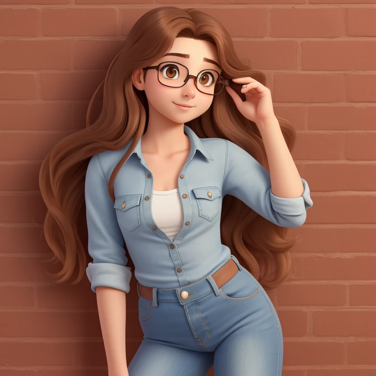 A young woman of 19 years old beautiful with long brown hair, and hazel eyes, short and skinny, glasses, flat chested, wearing denim.