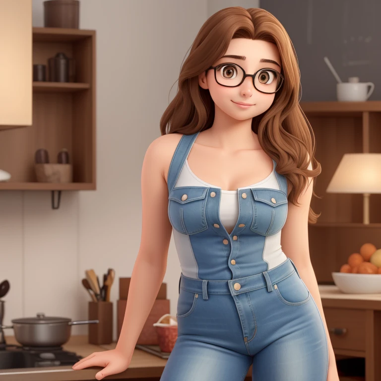 A young woman of 19 years old beautiful with long brown hair, and hazel eyes, short and skinny, glasses, flat chested, wearing denim.