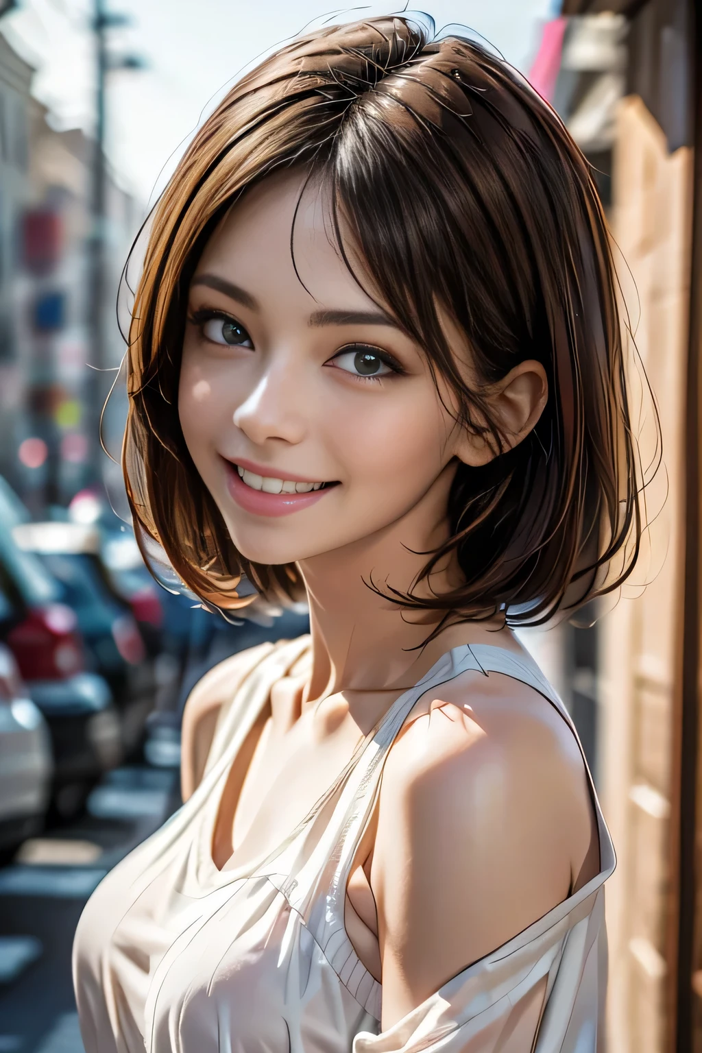 (logo, masterpiece, 8k, Tabletop, RAW Photos, wonderful, 最high quality, Photorealistic and very detailed CG synthesis 8k wallpaper, high quality, Very detailed, Narrative poem, Particle Effects, Dynamic Effects, Depth of the Boundary, Cinematic Light, Lens flare, Ray Tracing), short hair beautiful woman, (Grin), Skin with attention to detail, Very fine, Fine skin, Beautiful Face, Realistic eyes, Beautiful and exquisite, Realistic Skin, Beautiful Skin, surreal, Smiling Eyes, Hair and light eyes, Vibrant, Colorful lights and bokeh. The lighting casts a warm glow on her face and hair.... Creates a dreamy and magical atmosphere, Big Breasts, Brown Hair, short hair, plump lower lip, Pink blush on cheeks , Pink Lips, Brown tight no-shoulder knit sweater, (Cowboy Shot)