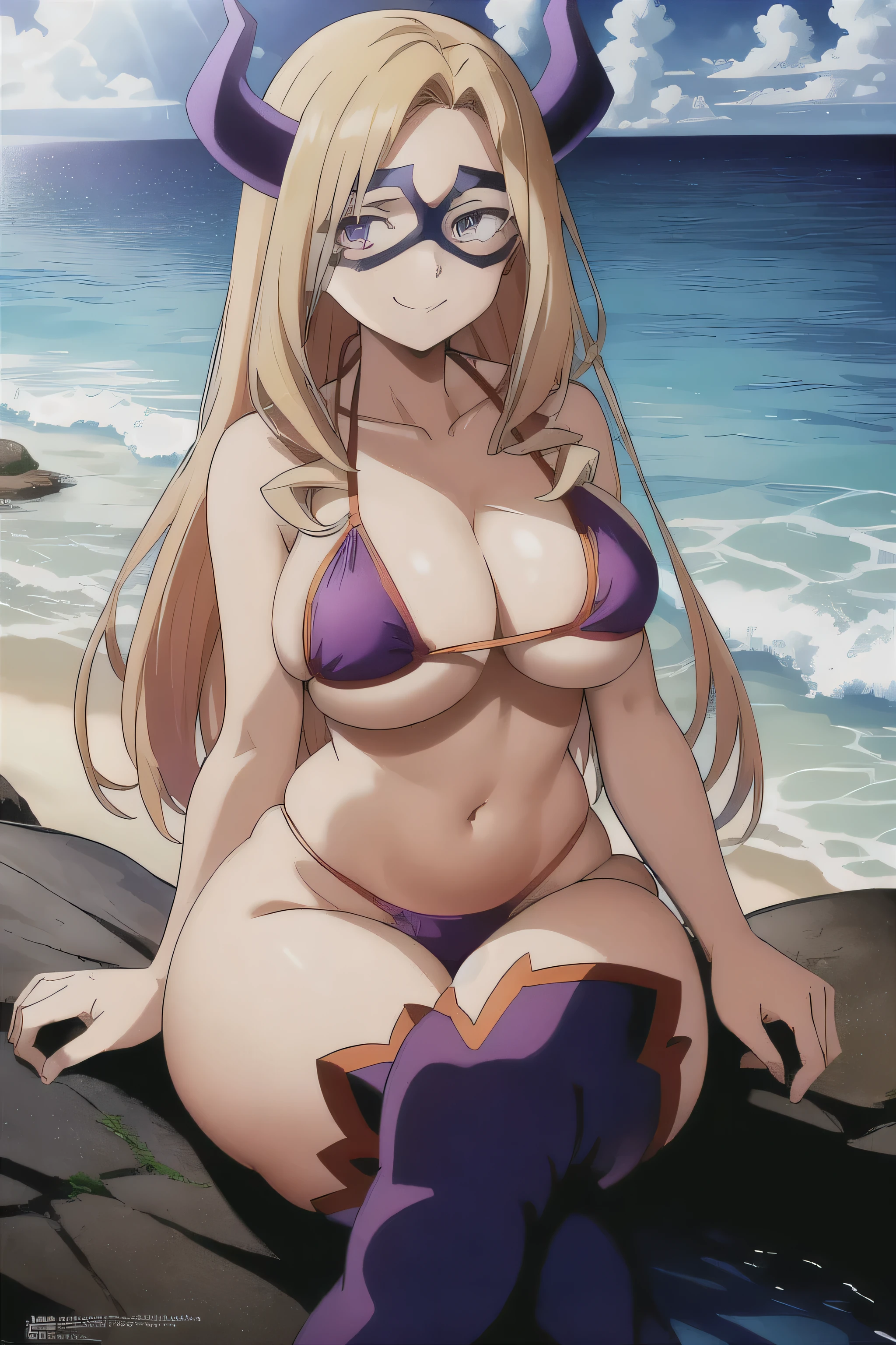 scan, (extremely detailed CG unity 8k wallpaper:1.1), (traditional media:0.9), (sketch:0.9), tracing, ultra-detailed, soft lighting, anime, (1girl), mtladymha, boku no hero academia, long hair, blonde hair, horns, domino mask, large breasts, purple eyes, smile, 1girl, solo, breasts, looking_at_viewer, smile, cleavage, bare_shoulders, collarbone, sitting, sitting on rock, legs crossed, thick thighs, thong underwear, wide hips, curvy, breasts, large breasts, big breasts, huge breasts, big tits, small bikini, bikini, purple bikini, bare shoulders, bare arms, beach, ocean, underboob, island background, high resolution, beautiful eyes, high quality, ocean background