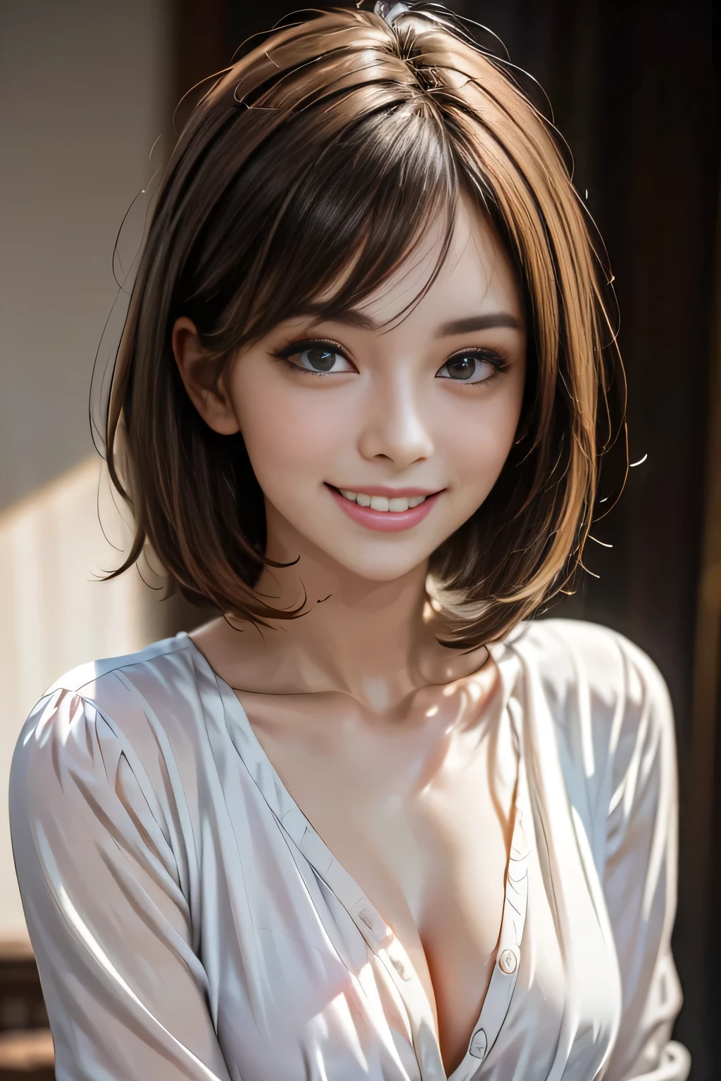 (logo, masterpiece, 8k, Tabletop, RAW Photos, wonderful, 最high quality, Photorealistic and very detailed CG synthesis 8k wallpaper, high quality, Very detailed, Narrative poem, Particle Effects, Dynamic Effects, Depth of the Boundary, Cinematic Light, Lens flare, Ray Tracing), short hair beautiful woman, (Grin), Skin with attention to detail, Very fine, Fine skin, Beautiful Face, Realistic eyes, Beautiful and exquisite, Realistic Skin, Beautiful Skin, surreal, Smiling Eyes, Hair and light eyes, Vibrant, Colorful lights and bokeh. The lighting casts a warm glow on her face and hair.... Creates a dreamy and magical atmosphere, Big Breasts, Brown Hair, short hair, plump lower lip, Pink blush on cheeks , Pink Lips, Brown tight no-shoulder knit sweater