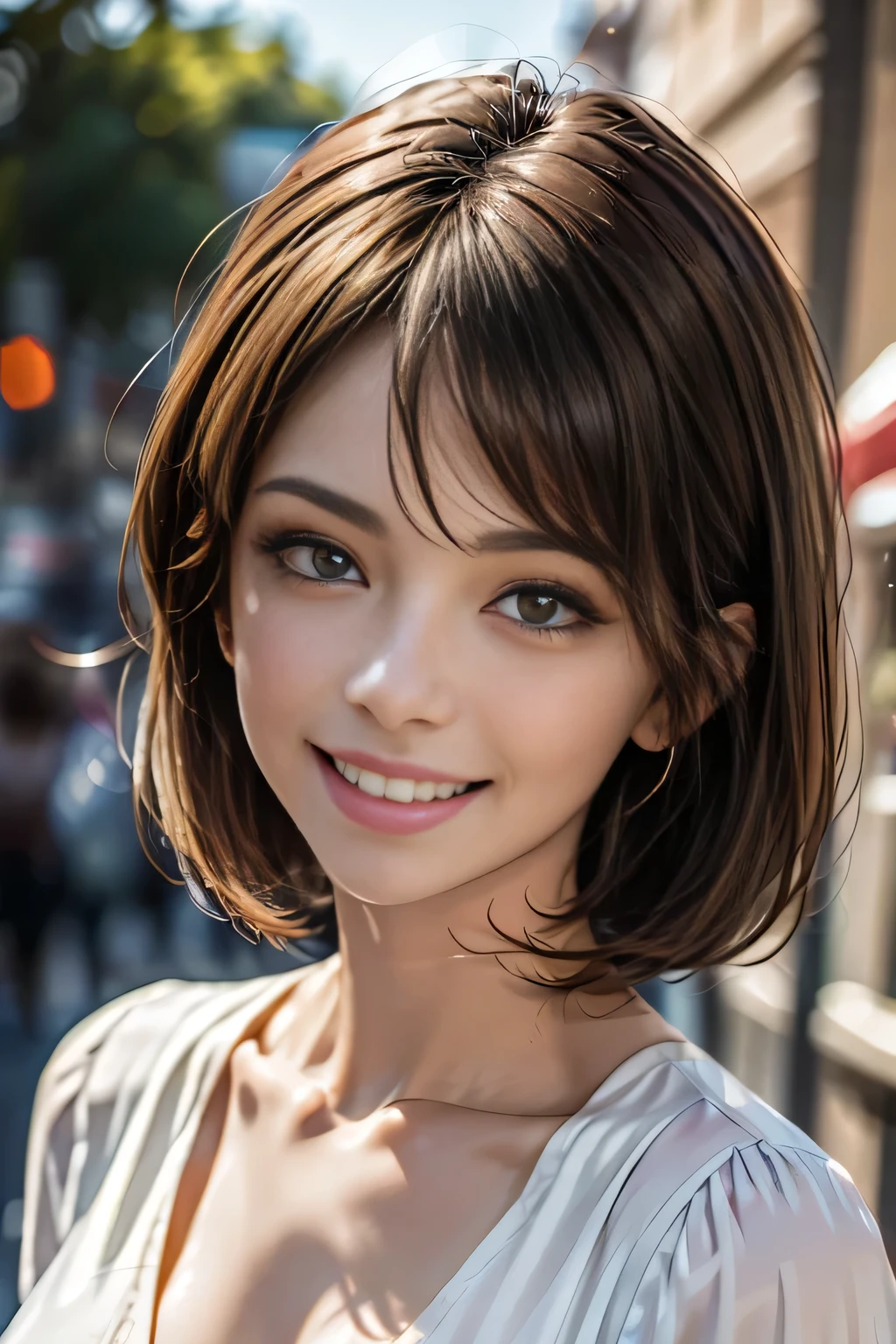 (logo, masterpiece, 8k, Tabletop, RAW Photos, wonderful, 最high quality, Photorealistic and very detailed CG synthesis 8k wallpaper, high quality, Very detailed, Narrative poem, Particle Effects, Dynamic Effects, Depth of the Boundary, Cinematic Light, Lens flare, Ray Tracing), short hair beautiful woman, (Grin), Skin with attention to detail, Very fine, Fine skin, Beautiful Face, Realistic eyes, Beautiful and exquisite, Realistic Skin, Beautiful Skin, surreal, Smiling Eyes, Hair and light eyes, Vibrant, Colorful lights and bokeh. The lighting casts a warm glow on her face and hair.... Creates a dreamy and magical atmosphere, Big Breasts, Brown Hair, short hair, plump lower lip, Pink blush on cheeks , Pink Lips, Brown tight no-shoulder knit sweater, (Cowboy Shot)