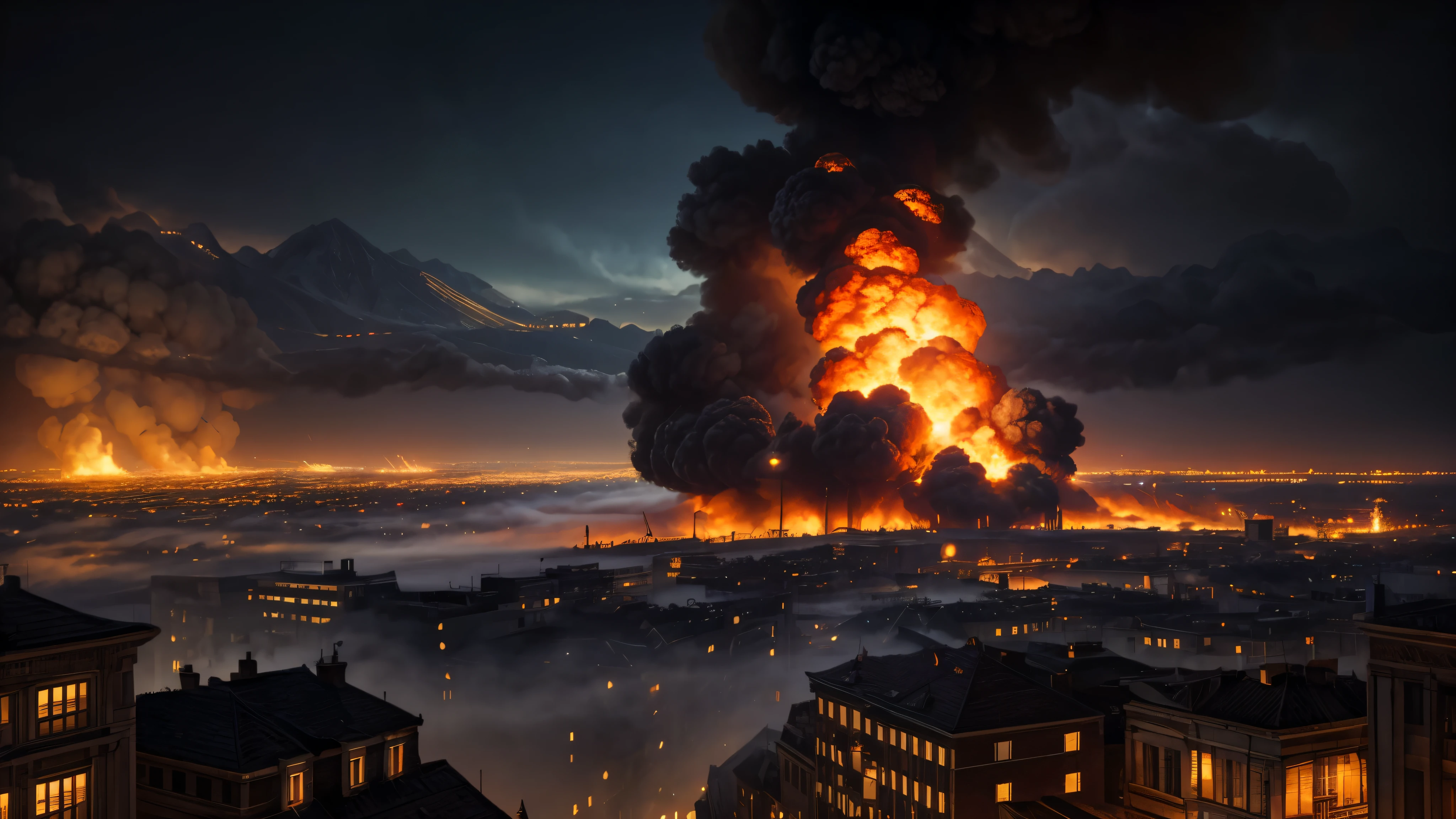 masterpiece, best quality, extremely detailed, hyperrealistic, photorealistic, city, in the night, nightmarish, mystical fog, smoke, explosion, fire