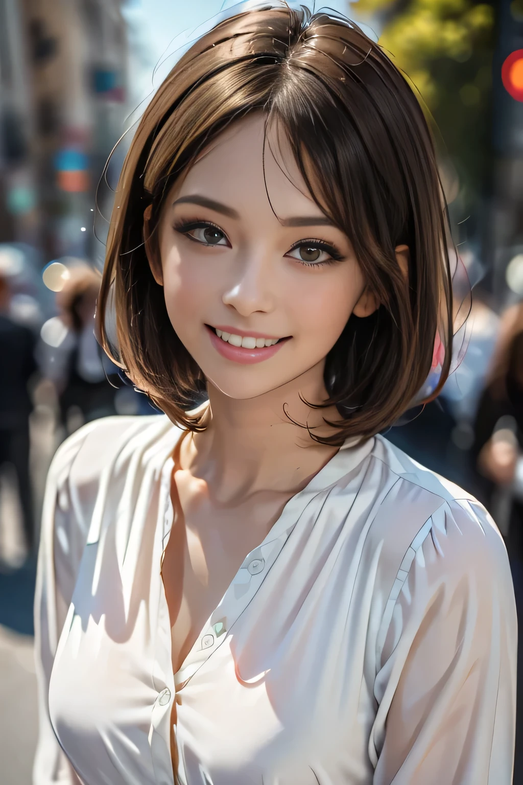 (logo, masterpiece, 8k, Tabletop, RAW Photos, wonderful, 最high quality, Photorealistic and very detailed CG synthesis 8k wallpaper, high quality, Very detailed, Narrative poem, Particle Effects, Dynamic Effects, Depth of the Boundary, Cinematic Light, Lens flare, Ray Tracing), short hair beautiful woman, (Grin), Skin with attention to detail, Very fine, Fine skin, Beautiful Face, Realistic eyes, Beautiful and exquisite, Realistic Skin, Beautiful Skin, surreal, Smiling Eyes, Hair and light eyes, Vibrant, Colorful lights and bokeh. The lighting casts a warm glow on her face and hair.... Creates a dreamy and magical atmosphere, Big Breasts, Brown Hair, short hair, plump lower lip, Pink blush on cheeks , Pink Lips, Brown tight no-shoulder knit sweater
