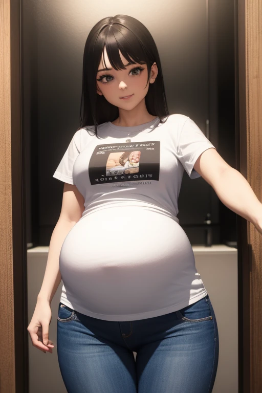 Masterpiece, best quality, pregnant, solo, t-shirt, jeans
