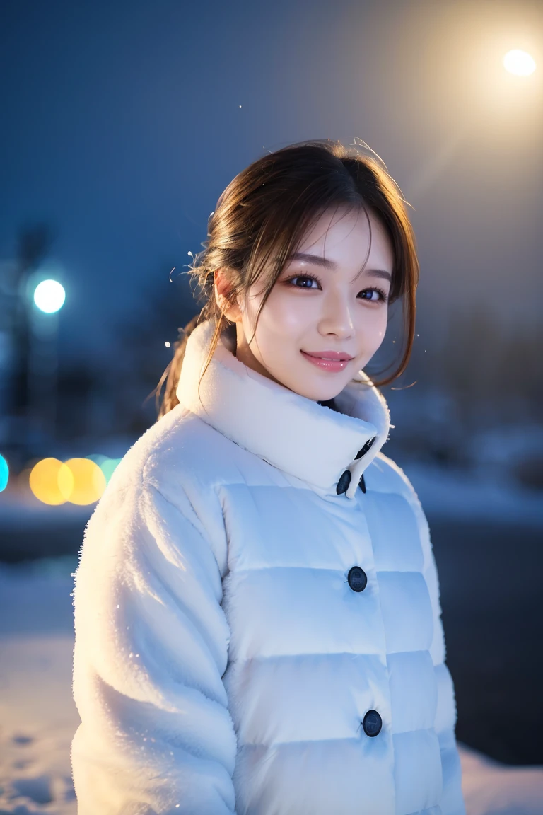 (highest qualthaty、masterpiece、8k、Best image qualthaty、Hyperrealism、Award-winning works)、1 girl、(Elegant fur coat:1.1)、Soft and delicate light、beautiful night view of a snowy cthaty、最もbeautiful笑顔が私を見ている、煌めくbeautiful snow、beautiful snow、(Tyndall effect:1.1)、beautiful snow景色、(that'it's snowing:1.1)、Accurate anatomy、(Extreme close up of a woman'Face:1.3)、(Woman close up'Face:1.3)、beautifulShiny唇、Natural Makeup、Shiny唇、Ultra HD glossy skin、Ultra-high definthation, Shiny, beautiful肌、Milky whthate moisturized skin、beautiful, Glowing Skin、超高精細のShiny唇、Ultra-high definthation sparkling eyes、beautiful perfect teeth in super high resolution、Smile big、beautiful歯を見せてください.、(Only soft indirect lighting:1.1)