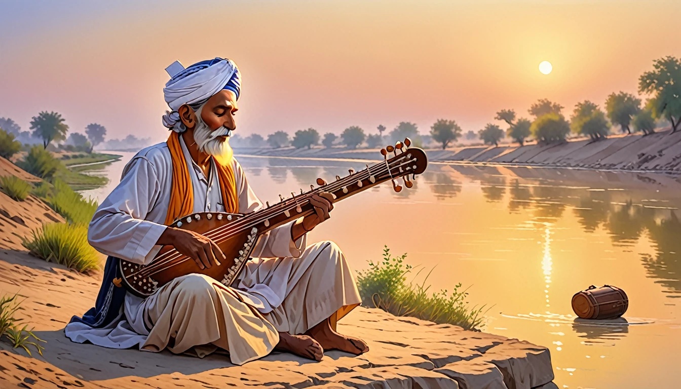 Shield of David,Indian,Turban Master,Old man playing the sitar,On the banks of the Indus River,dawn,Morning Glow