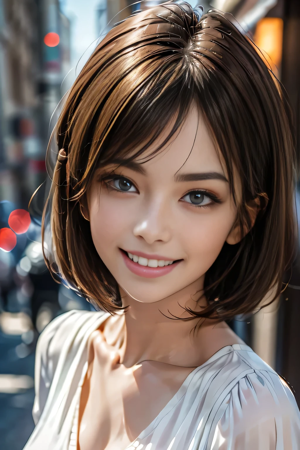 (logo, masterpiece, 8k, Tabletop, RAW Photos, wonderful, 最high quality, Photorealistic and very detailed CG synthesis 8k wallpaper, high quality, Very detailed, Narrative poem, Particle Effects, Dynamic Effects, Depth of the Boundary, Cinematic Light, Lens flare, Ray Tracing), short hair beautiful woman, (Grin), Skin with attention to detail, Very fine, Fine skin, Beautiful Face, Realistic eyes, Beautiful and exquisite, Realistic Skin, Beautiful Skin, surreal, Smiling Eyes, Hair and light eyes, Vibrant, Colorful lights and bokeh. The lighting casts a warm glow on her face and hair.... Creates a dreamy and magical atmosphere, Big Breasts, Brown Hair, short hair, plump lower lip, Pink blush on cheeks , Pink Lips, Brown tight no-shoulder knit sweater, (Cowboy Shot)