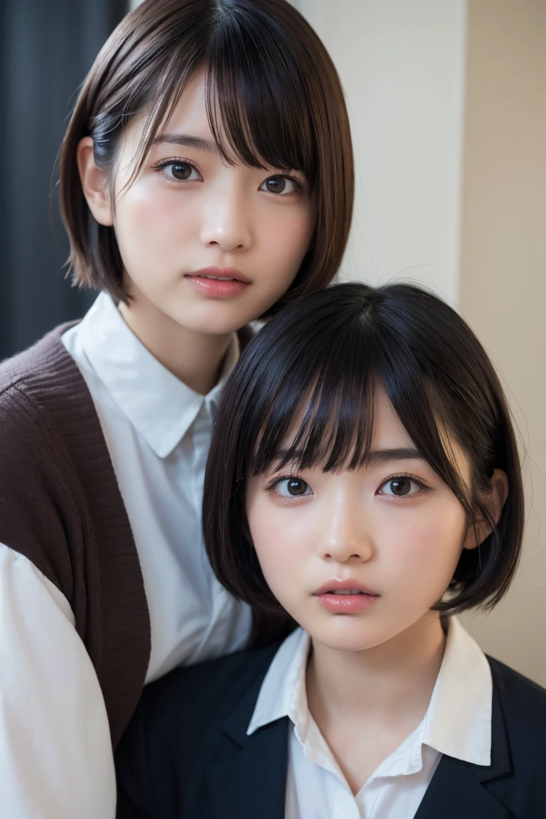 ((Highest quality、8k、masterpiece:1.3))、Beautiful woman、One Girl、(Cute baby turtle)、Slim Abs:1.1、White Button Down Blouse、((short hair))、Detailed facial features、Highly detailed lips、Detailed eyes、double eyelid、(Neat bangs.1.3)、Dark brown hair、Large Eyes、Seductive lips、The corners of the mouth turn up、black eye、street、cute asian face, Beautiful Japanese girl face, Short fine hair，With bangs,, Shirahime cut hairstyle、Narrow eyes、(A grown-up 30-year-old)、