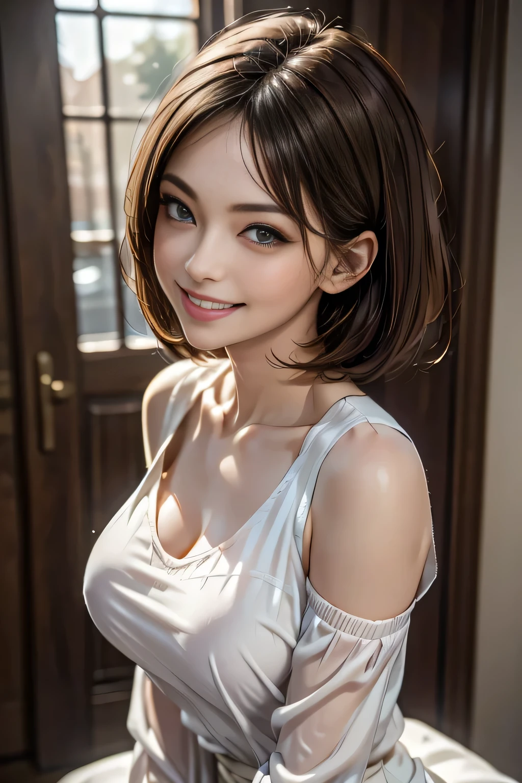 (logo, masterpiece, 8k, Tabletop, RAW Photos, wonderful, 最high quality, Photorealistic and very detailed CG synthesis 8k wallpaper, high quality, Very detailed, Narrative poem, Particle Effects, Dynamic Effects, Depth of the Boundary, Cinematic Light, Lens flare, Ray Tracing), short hair beautiful woman, (Grin), Skin with attention to detail, Very fine, Fine skin, Beautiful Face, Realistic eyes, Beautiful and exquisite, Realistic Skin, Beautiful Skin, surreal, Smiling Eyes, Hair and light eyes, Vibrant, Colorful lights and bokeh. The lighting casts a warm glow on her face and hair.... Creates a dreamy and magical atmosphere, Big Breasts, Brown Hair, short hair, plump lower lip, Pink blush on cheeks , Pink Lips, Brown tight no-shoulder knit sweater