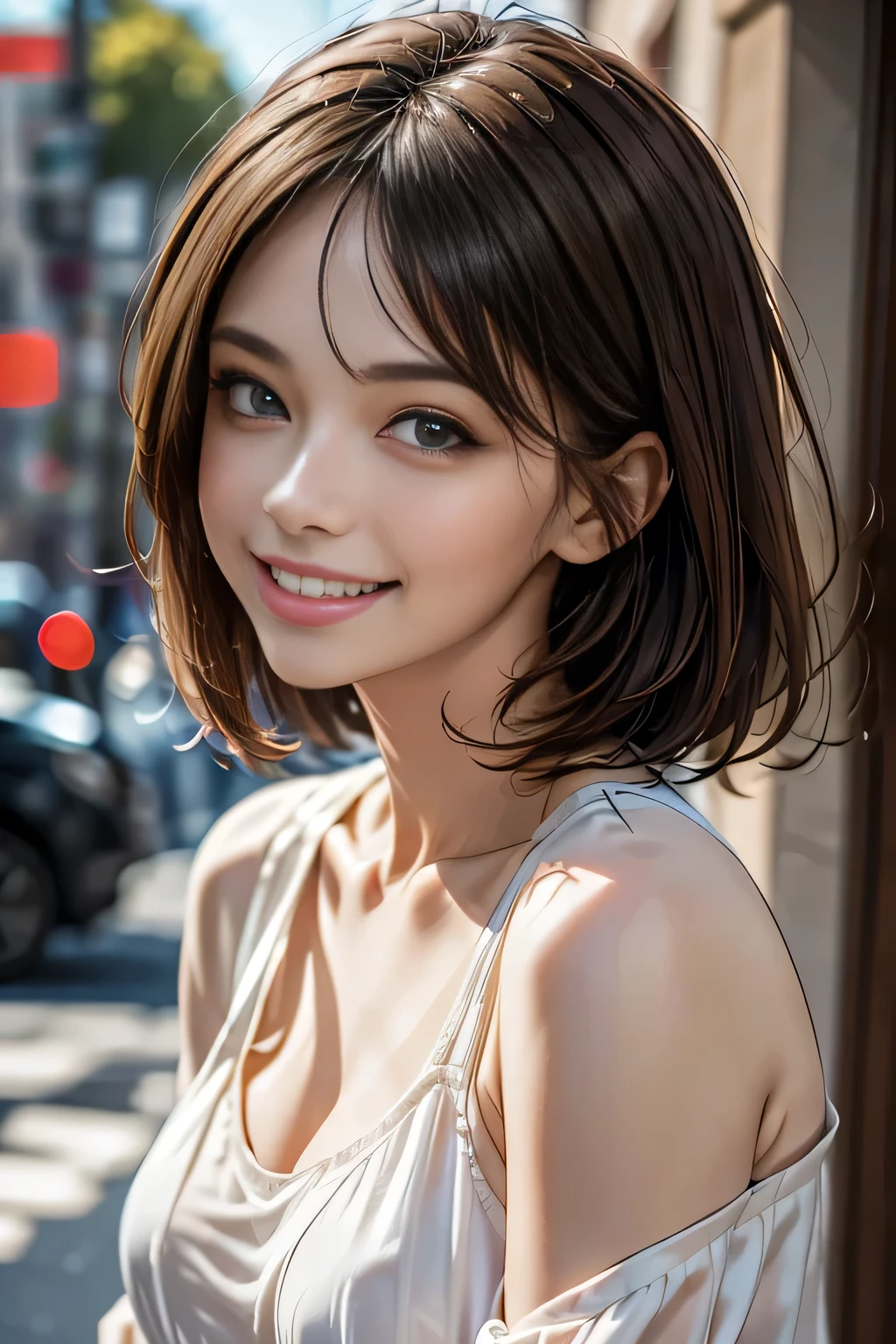 (logo, masterpiece, 8k, Tabletop, RAW Photos, wonderful, 最high quality, Photorealistic and very detailed CG synthesis 8k wallpaper, high quality, Very detailed, Narrative poem, Particle Effects, Dynamic Effects, Depth of the Boundary, Cinematic Light, Lens flare, Ray Tracing), short hair beautiful woman, (Grin), Skin with attention to detail, Very fine, Fine skin, Beautiful Face, Realistic eyes, Beautiful and exquisite, Realistic Skin, Beautiful Skin, surreal, Smiling Eyes, Hair and light eyes, Vibrant, Colorful lights and bokeh. The lighting casts a warm glow on her face and hair.... Creates a dreamy and magical atmosphere, Big Breasts, Brown Hair, short hair, plump lower lip, Pink blush on cheeks , Pink Lips, Brown tight no-shoulder knit sweater