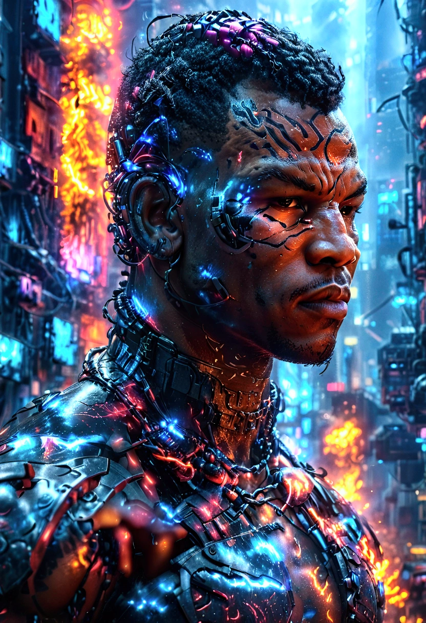 a cyberpunk cyborg Mike Tyson standing in his famous fighting pose, fierce determined expression, body enhanced with intricate robotic parts, towering futuristic skyscrapers, illuminated by neon lights, smoke filled sky with fiery embers, gripping a burning chain, flames casting dynamic shadows and reflections, stunning realism in 4K or 8K, highly detailed portrait, cinematic lighting, dramatic colors, intricate details, advanced technology, science fiction undefined, undefined, undefined, undefined, undefined, undefined, undefined, undefined, undefined,