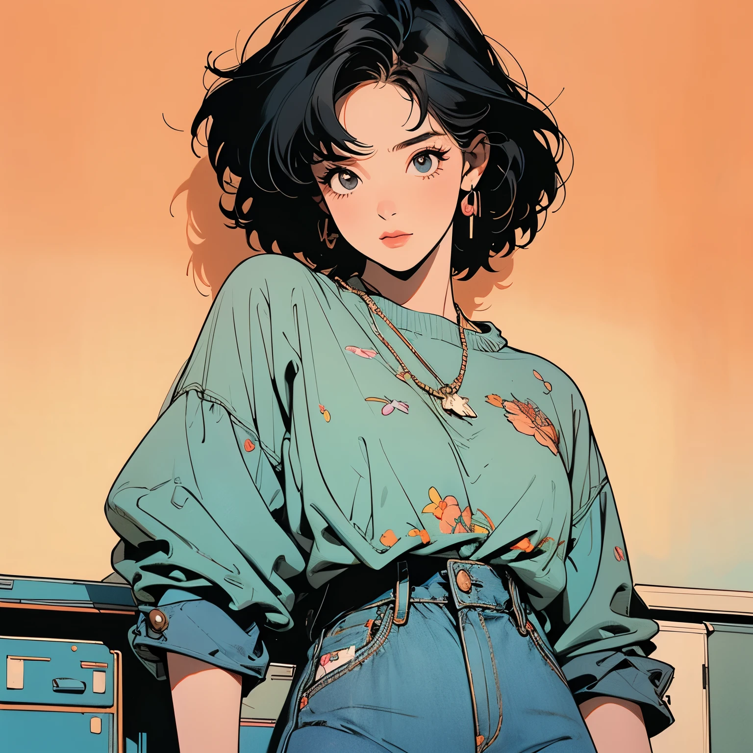 whole body, Upper Body, Messy room, Apartment, 1 girl, 4K, Warm colors , short hair , skirt, blouse、Faint lighting、Detailed Hair、Perfect Face、80s fashion、retro color、Highest quality、Detailed Background、Complex background、sunset